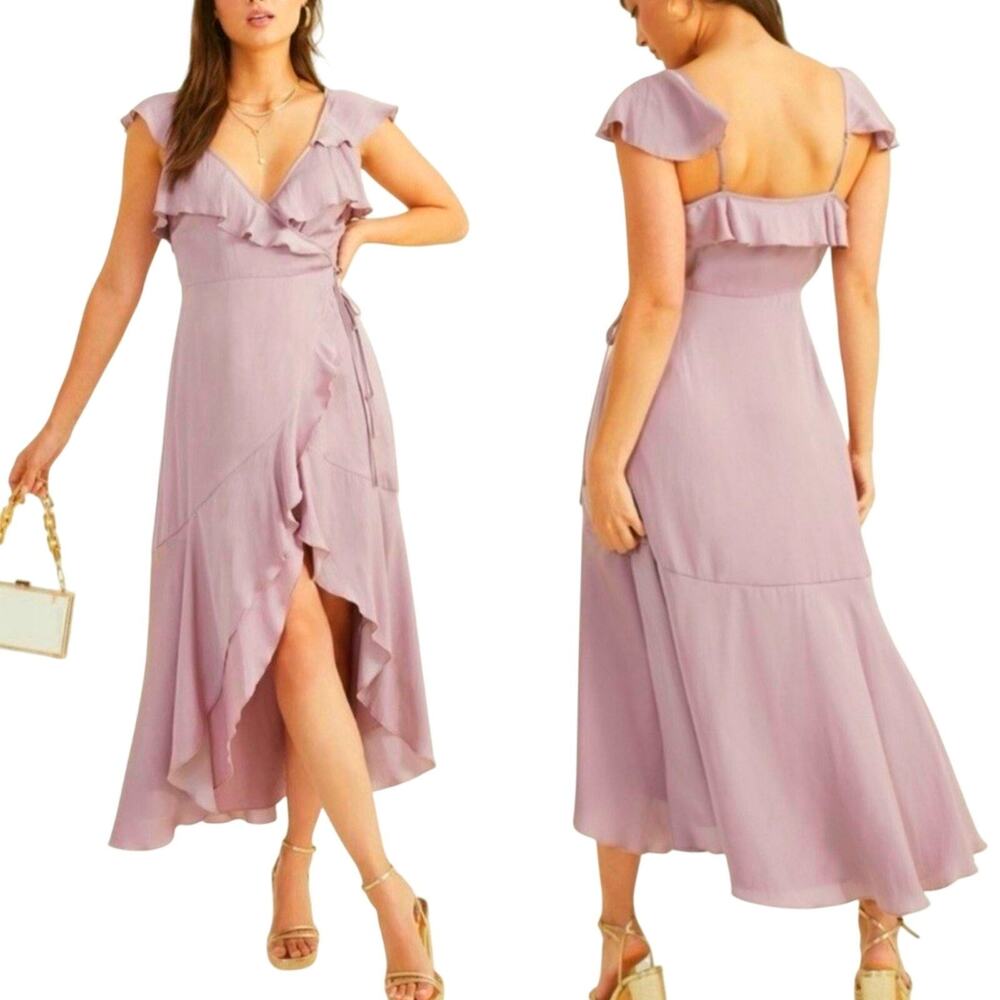 Altar'd State Flounce Satin Flutter Sleeve Ruffle Hem Midi Dress Elderberry XS